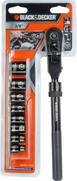 Set rragë me nastavka Black&Decker BDHT0-71619, 3/8" (0.95 cm), 8-19 mm, krom i zi, 9 copë