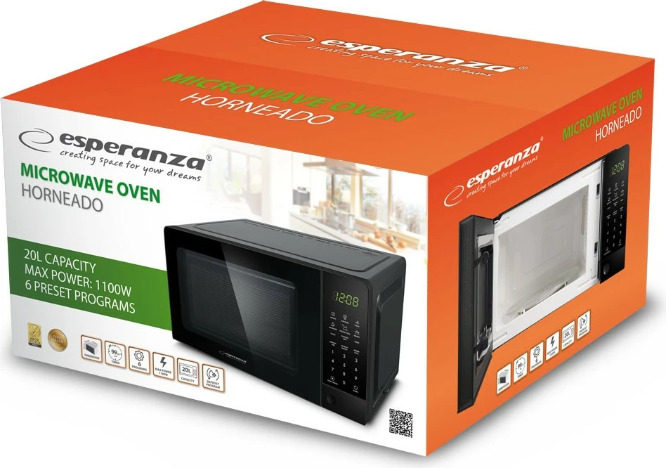 Furrë mikrovale Esperanza Horneado, 20L, 700W, e zezë