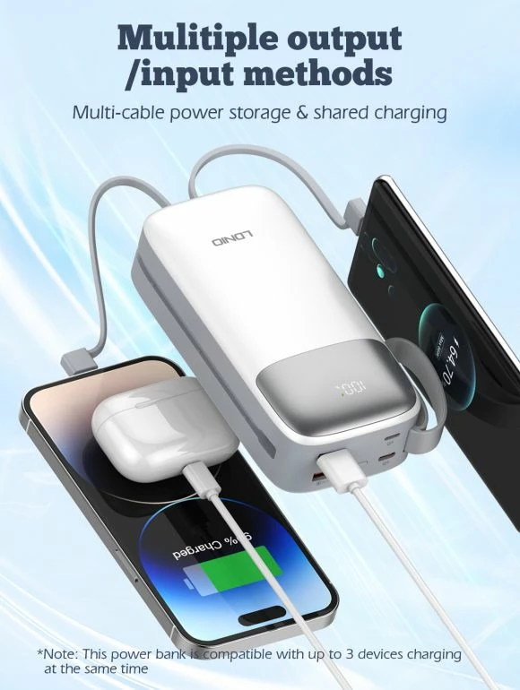 Power bank LDNIO PQ30 30000mAh 22.5W me kabllo të integrume USB-C/Lightning, 2 porta USB, e bardhë