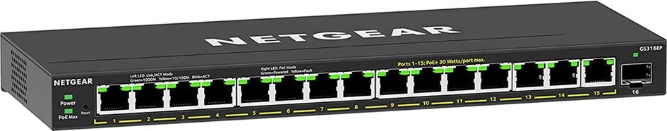 Switch i menaxhuar NETGEAR GS316EP-100PES, 16 porta Gigabit Ethernet, PoE, i zi