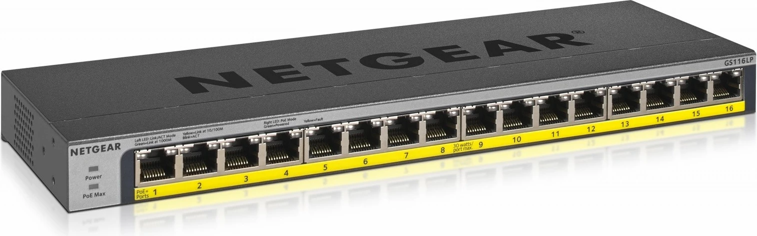 Switch Netgear GS116LP-100EUS, 16 porte Gigabit, PoE+, rackmount, i zi