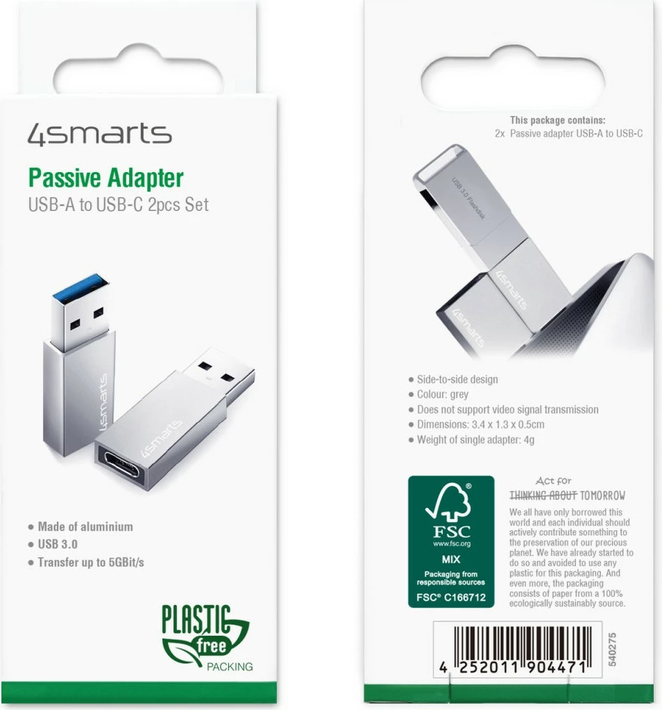 Adapter USB 4smarts 540275, USB Type-A në USB Type-C, Gri