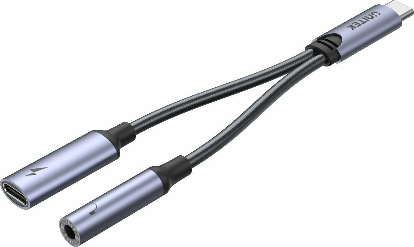 Adapter Unitek M205A USB-C në Jack 3.5mm + USB-C, PD 60W, argjendtë