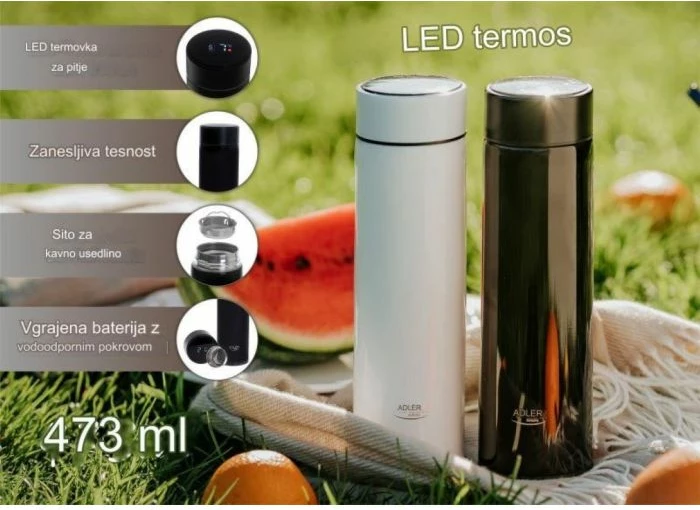 Termos Adler AD4506W me ekran LED me prekje, 473 ml, i bardhë