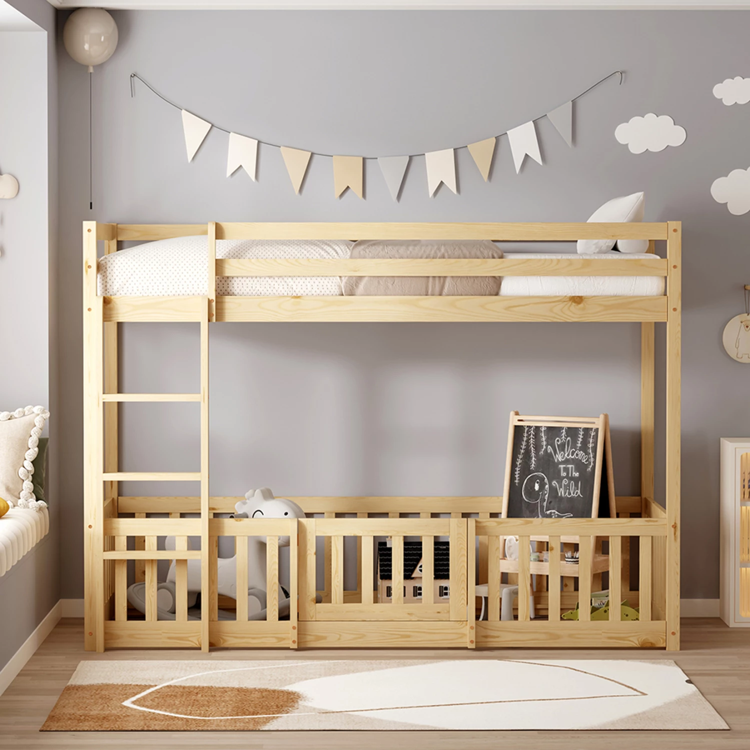 Krevat marinari për fëmijë Montessori PLAYKID me park lojërash, dru pishe natyral, FH703.01, 190x90cm