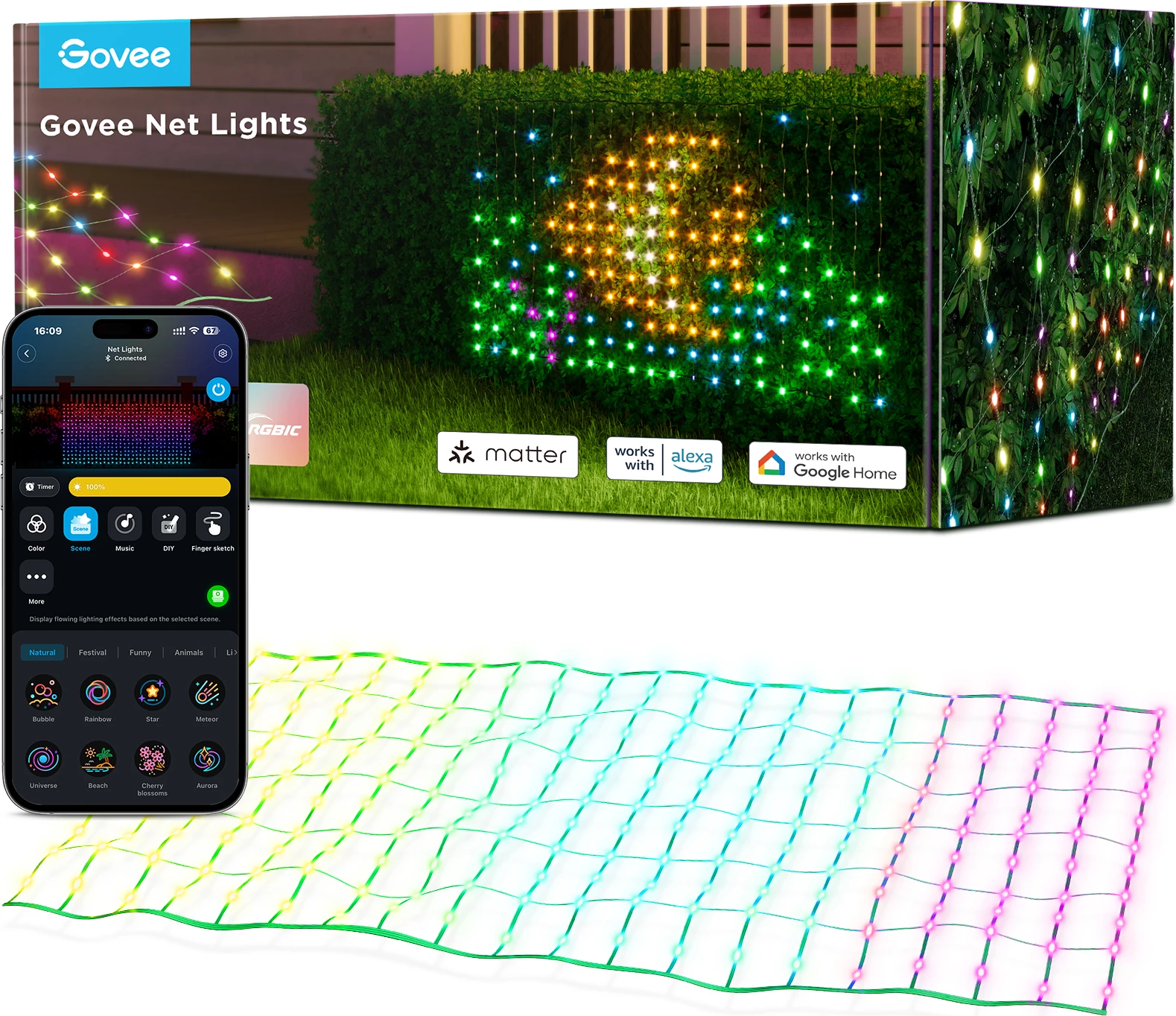 Drita rrjetë LED Govee Net Lights, RGBIC 240 LED, 0.85 x 1.43 m, Bluetooth, IP65