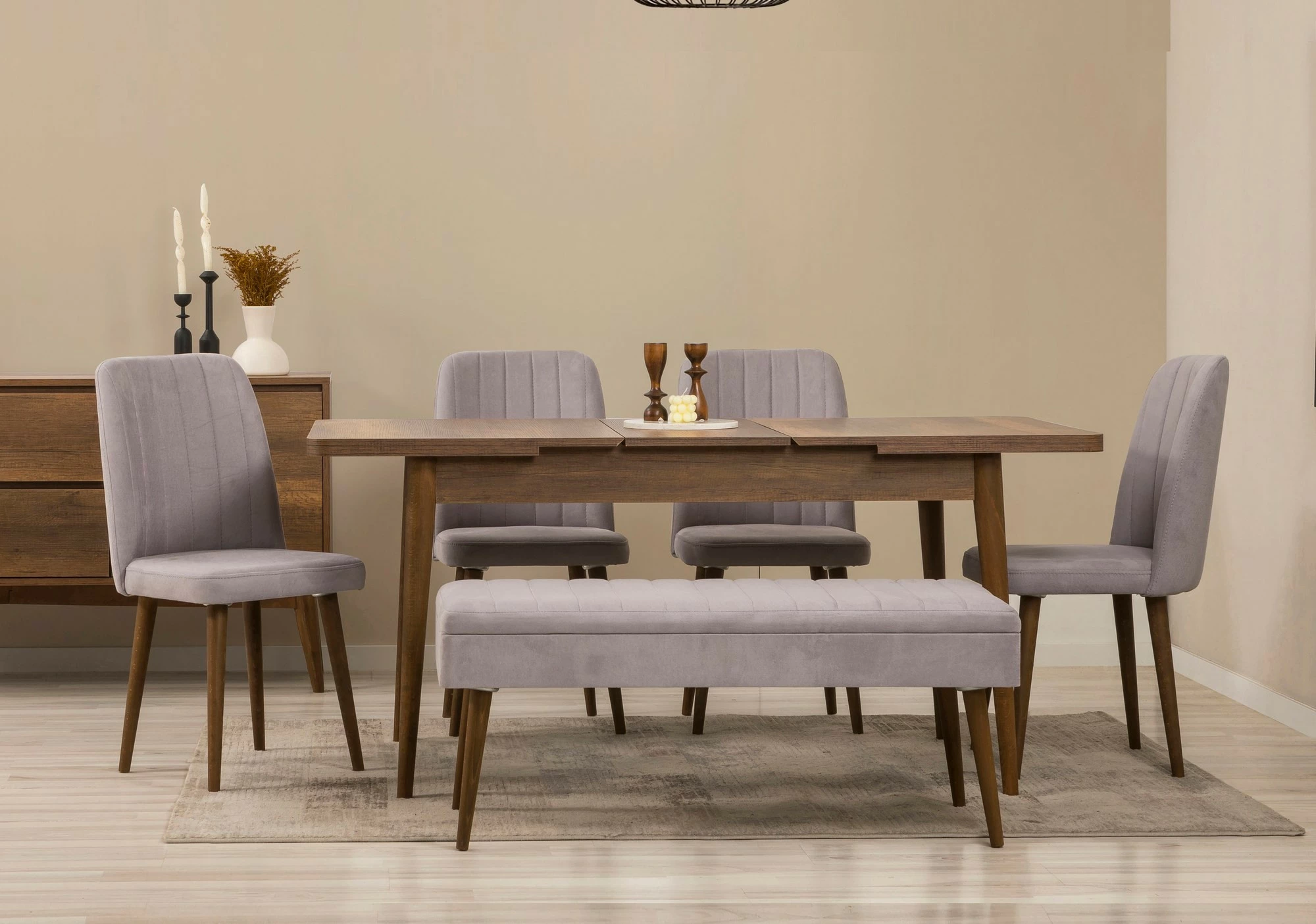 Set tavolinë me karrige dhe konsol, zgjatues, 7 pjesë, Skye Decor, Vina 03 0701, ngjyrë arre, gri