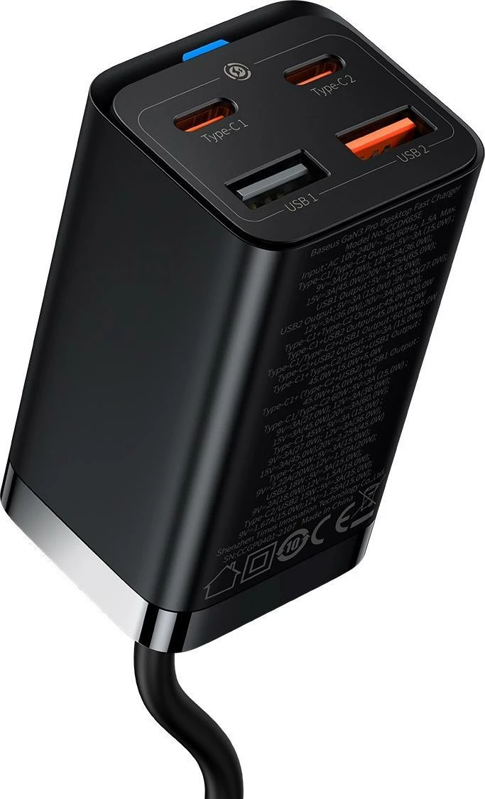 Karikues Baseus GaN3 Pro CCDK65E 65W 2x USB-C 2x USB-A me kabllo USB-C në USB-C 1m, i zi (CCGP040101)
