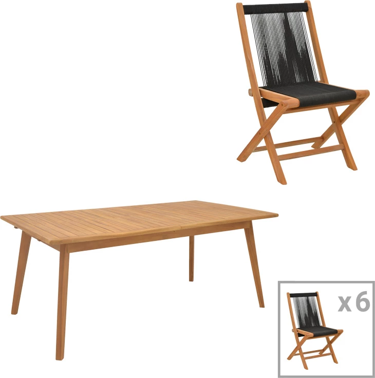 Tavolinë me karrige për terasë Banou-Pino, dru tik natyral, e zezë, 180/240x100x75cm, 7 copë