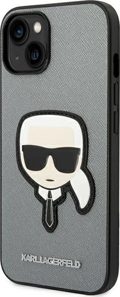 Mbështjellës Karl Lagerfeld KLHCP14SSAPKHG për iPhone 14 6.1", Saffiano Karl's Head Patch, argjend
