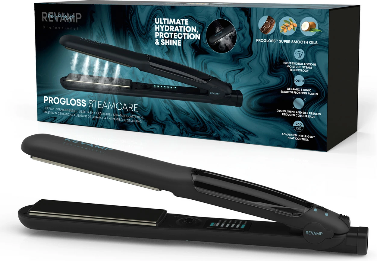 Drejtues flokësh Revamp Progloss Steamcare ST-1600, me avull, 150–230°C, pllaka qeramike, me mat silikoni