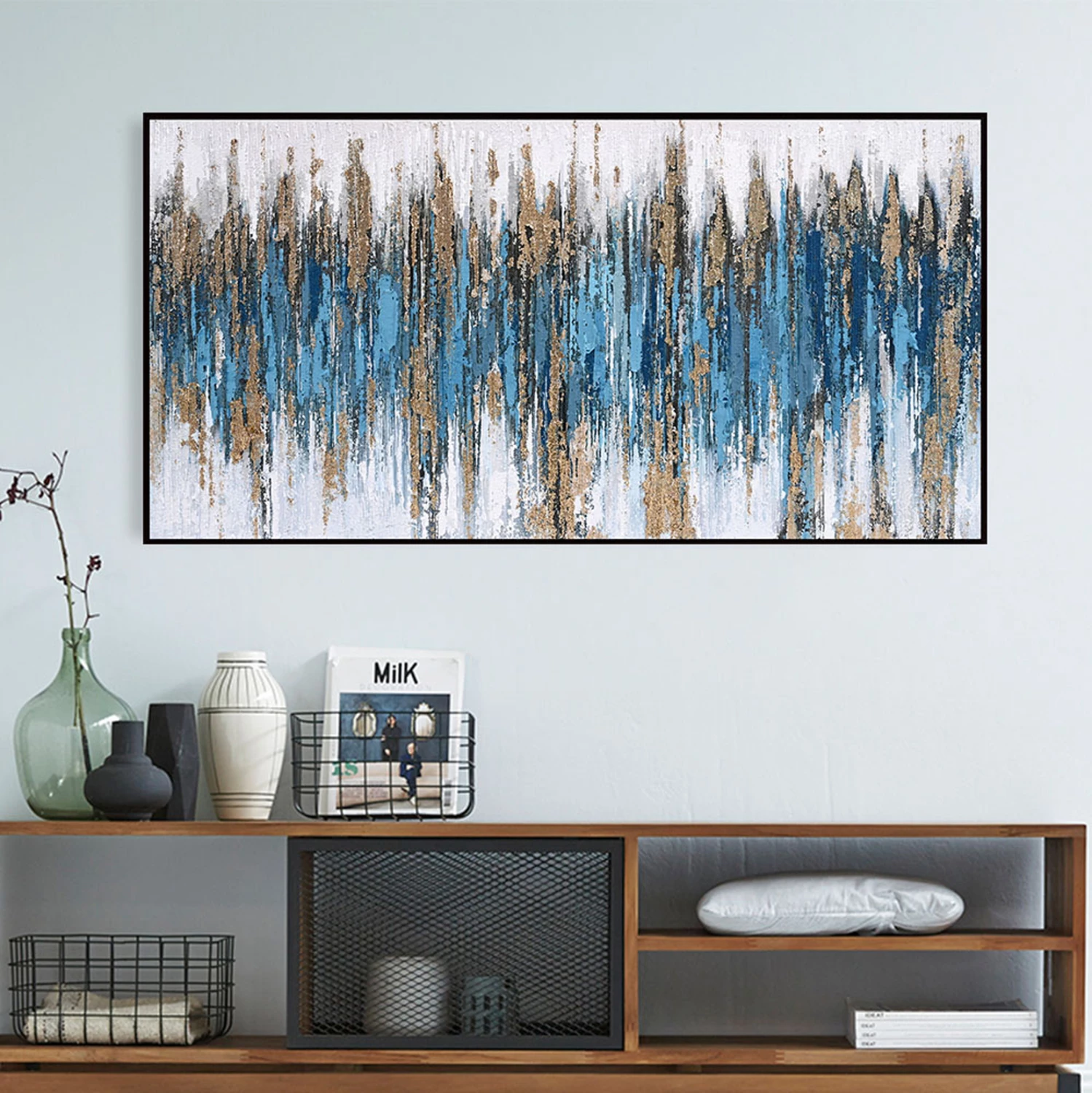 Pikturë muri abstrakte (blu) FH4574.02, kornizë PS-bezhë-kanavacë, 142x4.5x72 cm