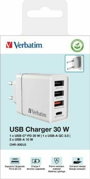 Karikues muri Verbatim CHR-30EU2 (49701) 30W, 1x USB-C PD 20W + 3x USB-A (QC 3.0 18W + 2x 10W), prizë EU, i bardhë