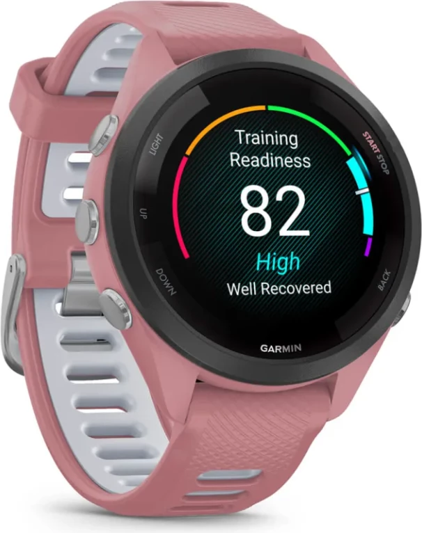 Smartwatch Garmin Forerunner® 265S Black Bezel, Light Pink Case, Light Pink/Dusty Grey Silicone Strap, 42 mm