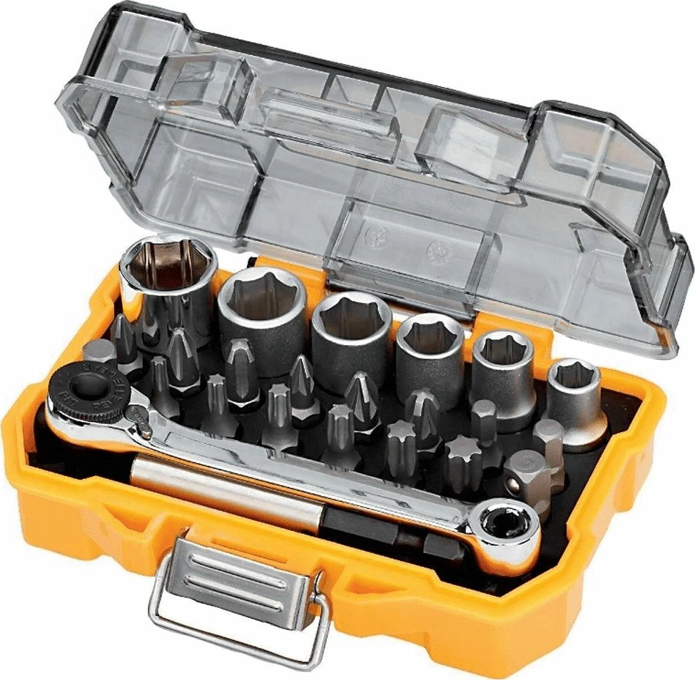 Set veglash DeWalt DT71516-QZ, 24 copë, bitë + ratchet, kasetë plastike, portokalli