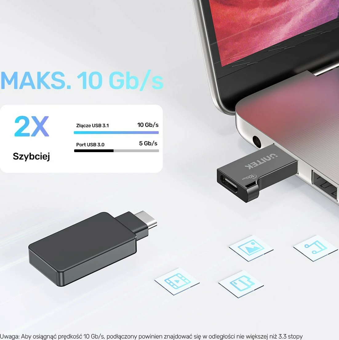 Adapter USB-A në USB-C Unitek A1049ABK01 10Gbps USB 3.2 Gen 2, i zi