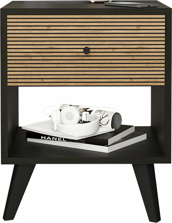 Komodinë anësore Flipter melaminë, ngjyrë e zezë-lisi, 40x40x55cm