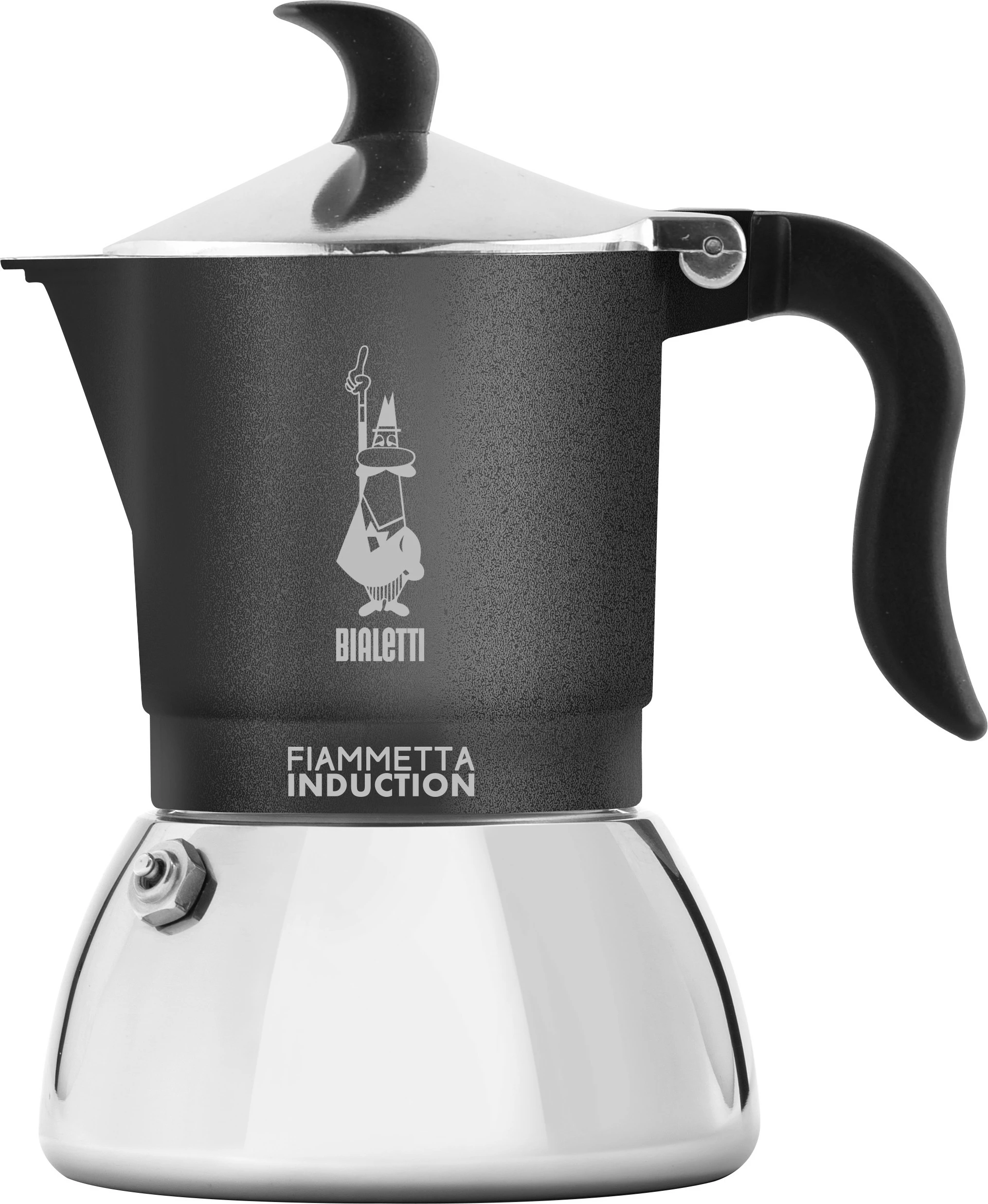Moka pot Bialetti Fiammetta Induction, 0.13L, 2 filxhanë, alumini/çelik, e zezë/argjendtë