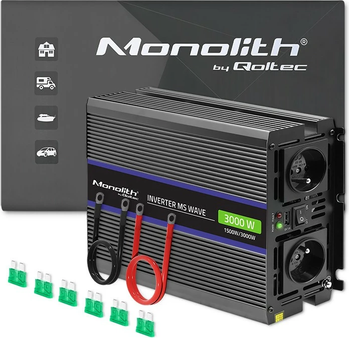Konvertues voltazhi Qoltec Monolith 3000 MS Wave, 12V në 230V, 1500/3000W, USB, Zi