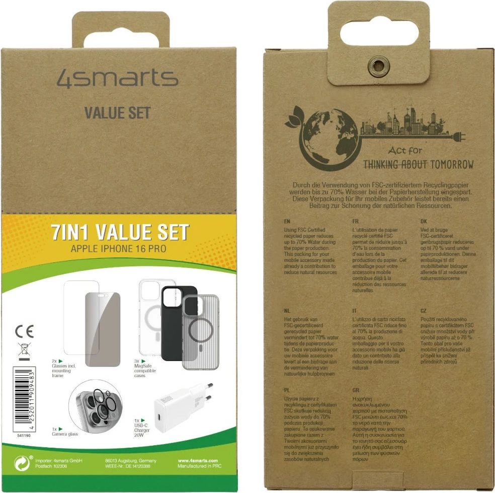 Mbështjellës 4smarts 541190, iPhone 16 Pro, i zi, gri, transparent, bardhë