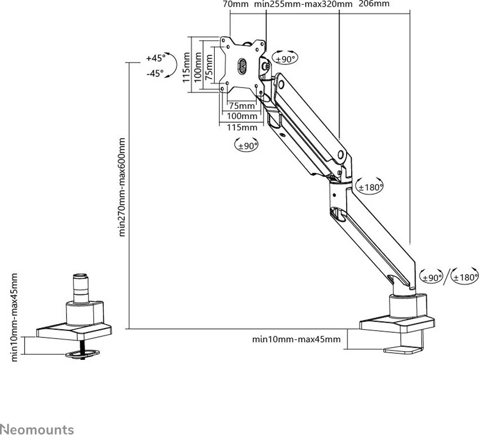 Krah monitori për tavolinë Neomounts NM-D775WHITEPLUS, Clamp/Grommet, 18 kg, 10"-49", 100 x 100 mm, Bardhë