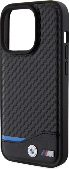 Mbështjellës BMW Leather Carbon për iPhone 15 Pro, i zi