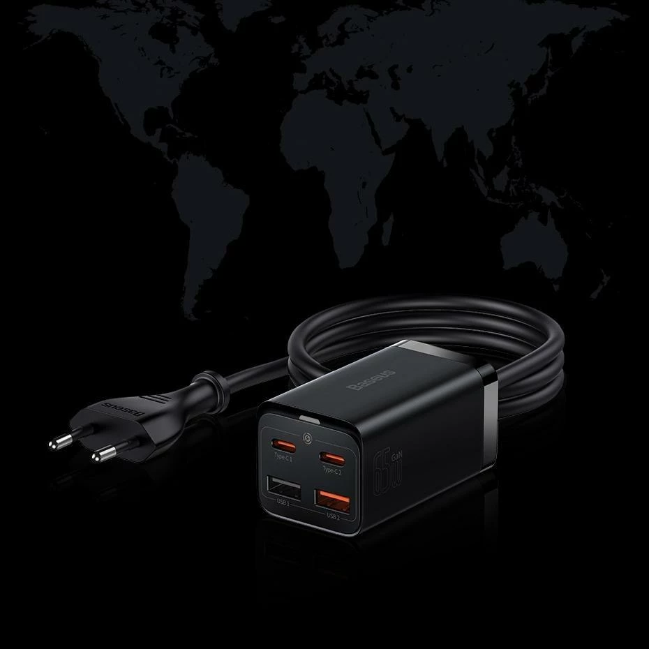 Karikues Baseus GaN3 Pro CCDK65E 65W 2x USB-C 2x USB-A me kabllo USB-C në USB-C 1m, i zi (CCGP040101)