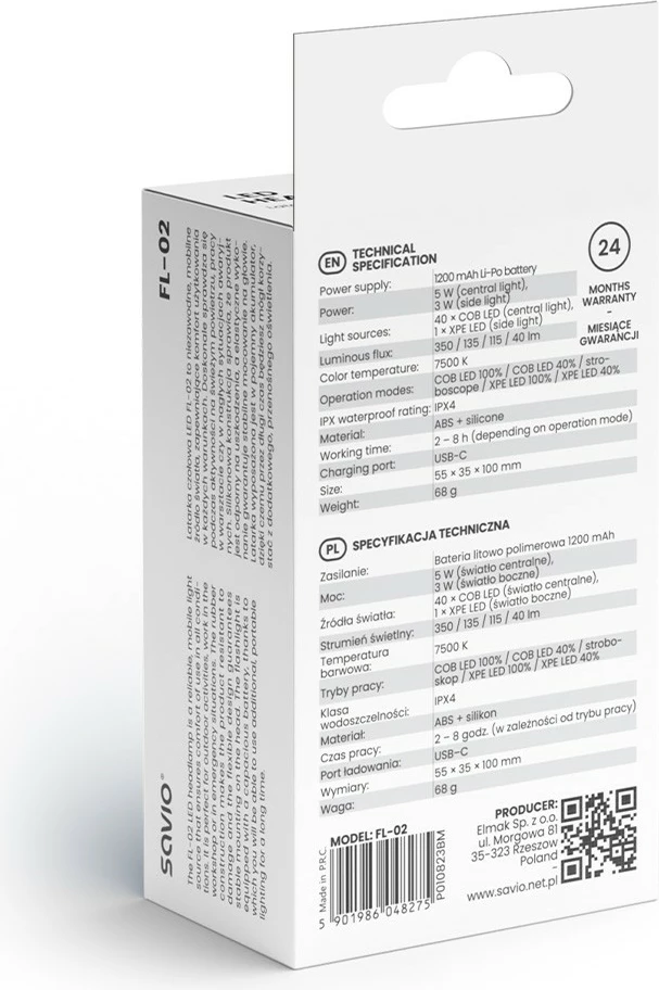 Llambë koke Savio FL-02, LED, 350 lm, sensor lëvizjeje, USB-C, e zezë