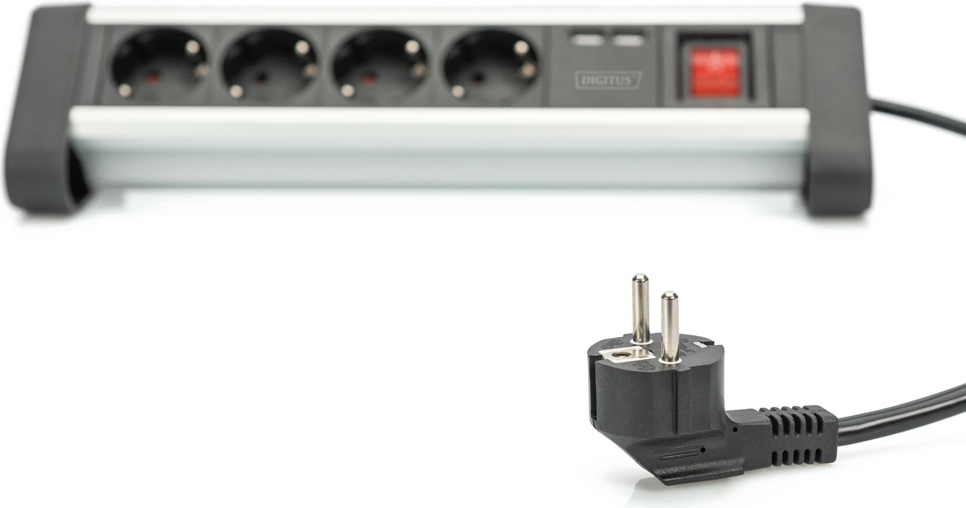 Shirit prizash Digitus 4-dalje me 2x porta USB, 1.5 m, i brendshëm, Tipi E / F, Tipi F (CEE 7/4), i zi, argjendtë, alumin