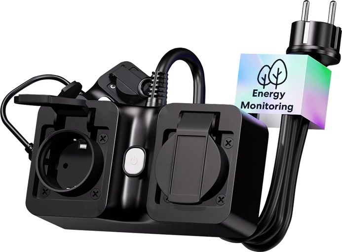 Zgjatës i mençur Wi‑Fi, Meross, MOP320MA-EU, 2 dalje të kontrollueshme veç e veç, Matter, IP44, 16A 3680W, kabllo 1.5 m, e zezë