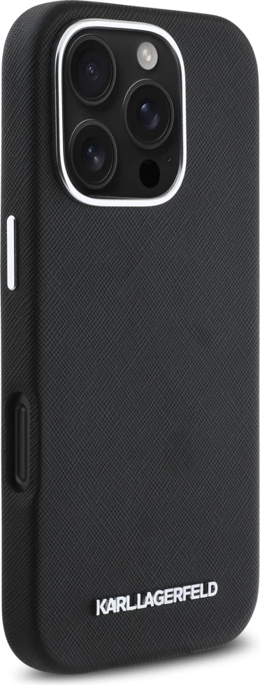 Mbështjellës Karl Lagerfeld Saffiano Full Wrapped Elongated Metal Logo MagSafe për iPhone 16 Pro, Zi