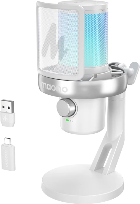 Mikrofon wireless Maono DM40 Pro, kondensator, AI Voice Changer, RGB, i bardhë