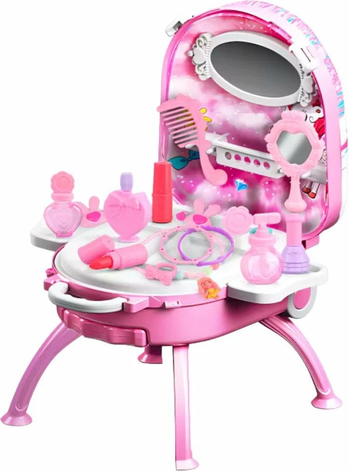 Set bukurie LeanToys Unicorn Sweet Time Vanity Case 2in1, valixhe me rrota + toaletë, 25 x 21 x 11.5 cm, rozë