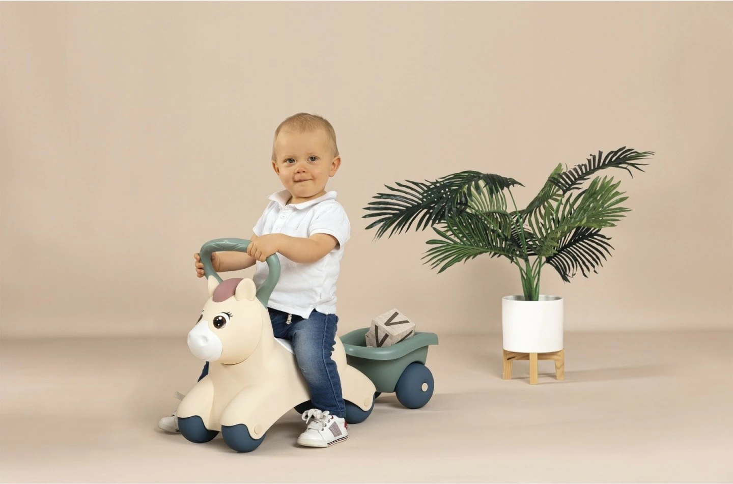 Jezdik lodër Smoby Baby Pony 7600140502, plastikë, bezhë/gri/e bardhë, me rimorkio