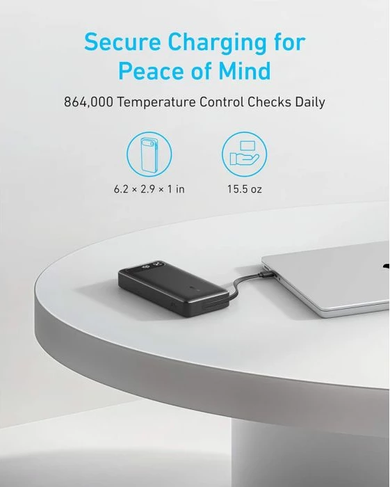 Powerbank Anker A1383H11 20000mAh 87W me kabllo USB-C të integrume, e zezë