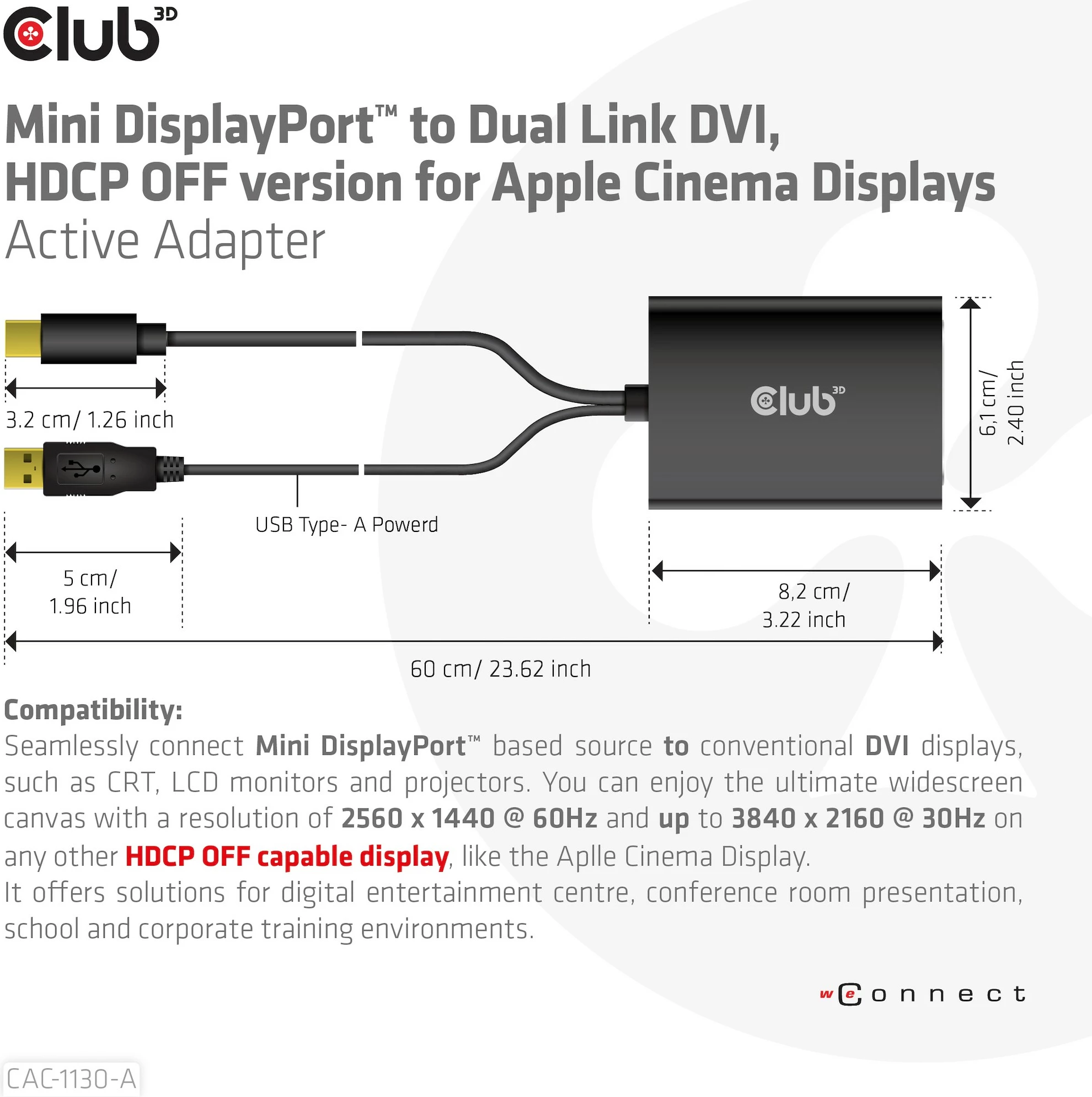 Adapter Club3D Mini DisplayPort në DVI Dual Link, 0.6m, i zi