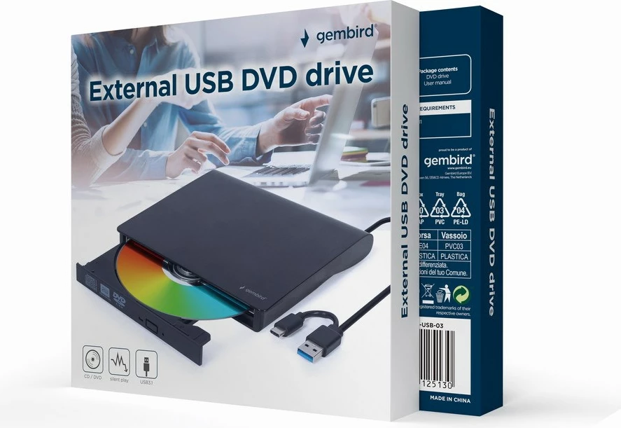Disk DVD-USB-C Gembird, e zezë 