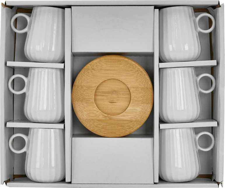 Set filxhanësh espresso Ripple, 6 copë, porcelan i bardhë, bambu natyral, 26x23x6