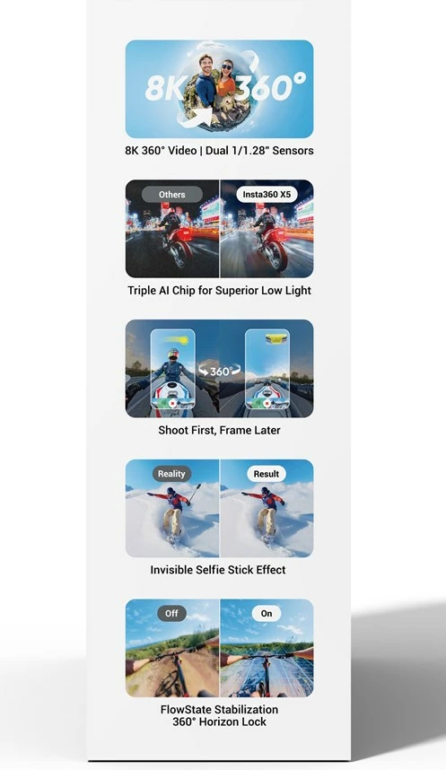 Kamerë sportive Insta360 X5 Standard Bundle, 8K, 360°, 2400mAh, e zezë