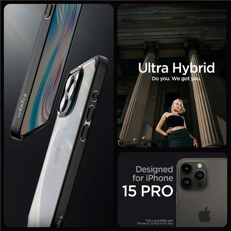 Mbështjellës Spigen Crystal Hybrid për iPhone 15 Pro, Transparent/Black