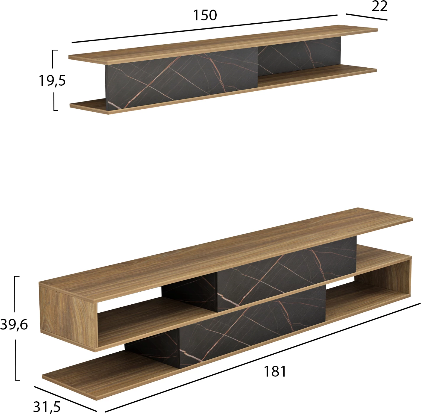 Kompleti i mobiljeve për TV, BIRGITTA, FH8903.12, melaminë, natyrale-mermer i zi, 181x31,5x39,6H cm