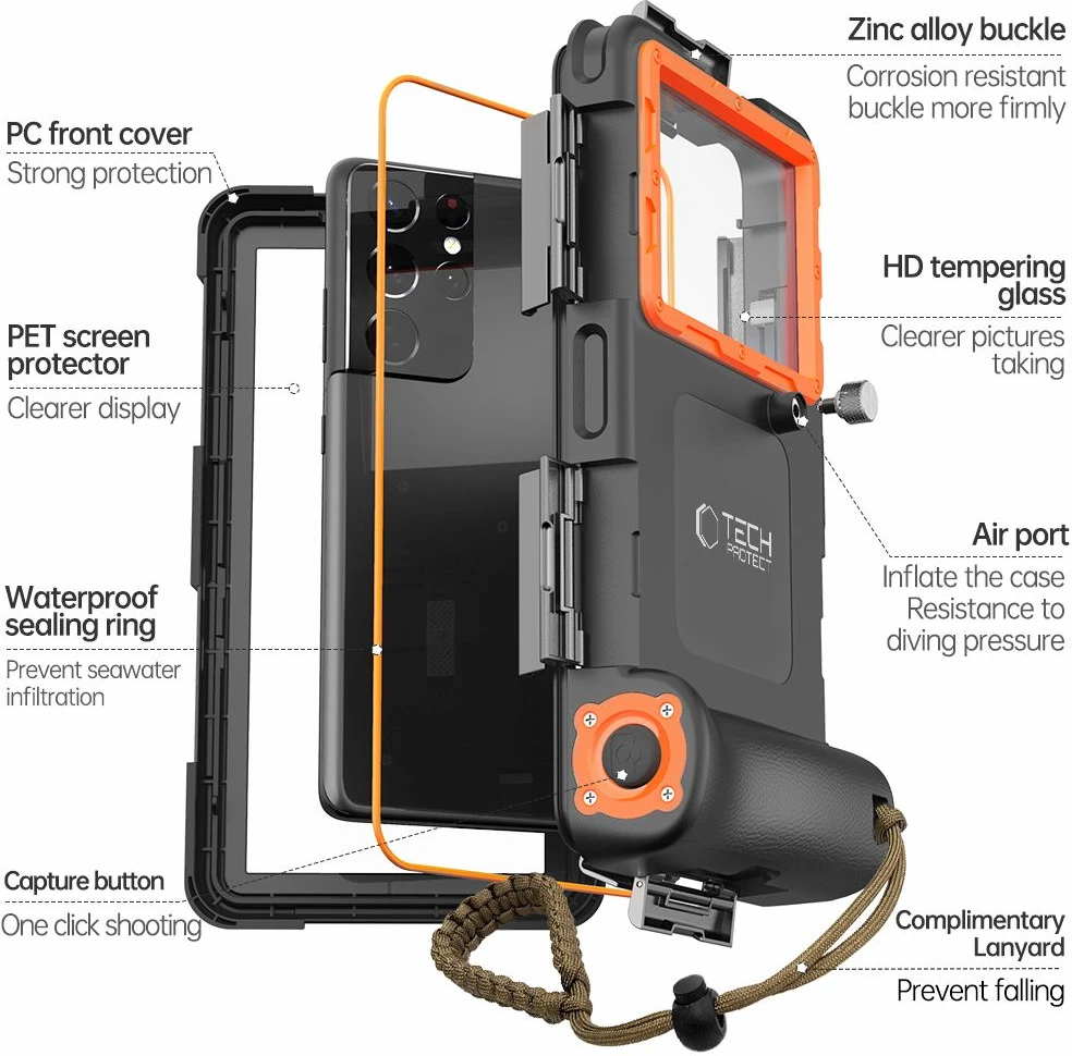 Mbështjellës Tech-Protect Waterproof Case IPX8 për celular 4.7-6.7 inç, zi dhe portokalli