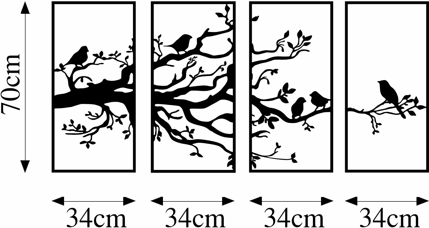 Aksesor dekorativ metalik për mur, degë peme dhe zogj, 4 pjesë, Wallity - 269