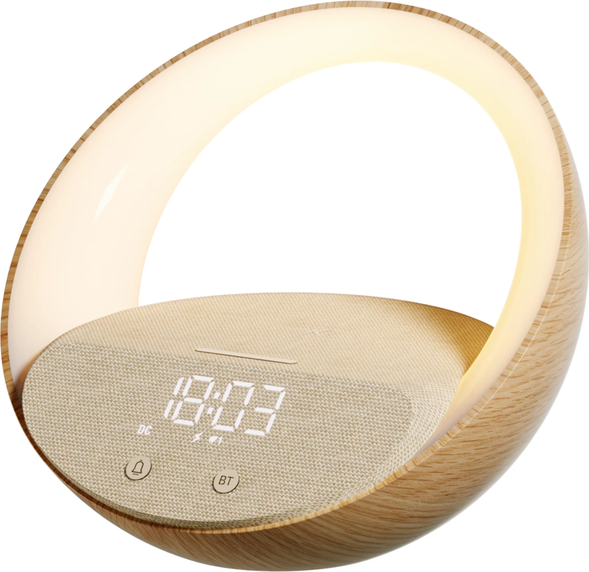 Llambë nate Moye Aurora Glow, orë me alarm, altoparlant Bluetooth 2x5W, karikim pa kabllo Qi deri 15W, bateri 2400mAh, finish imitim druri
