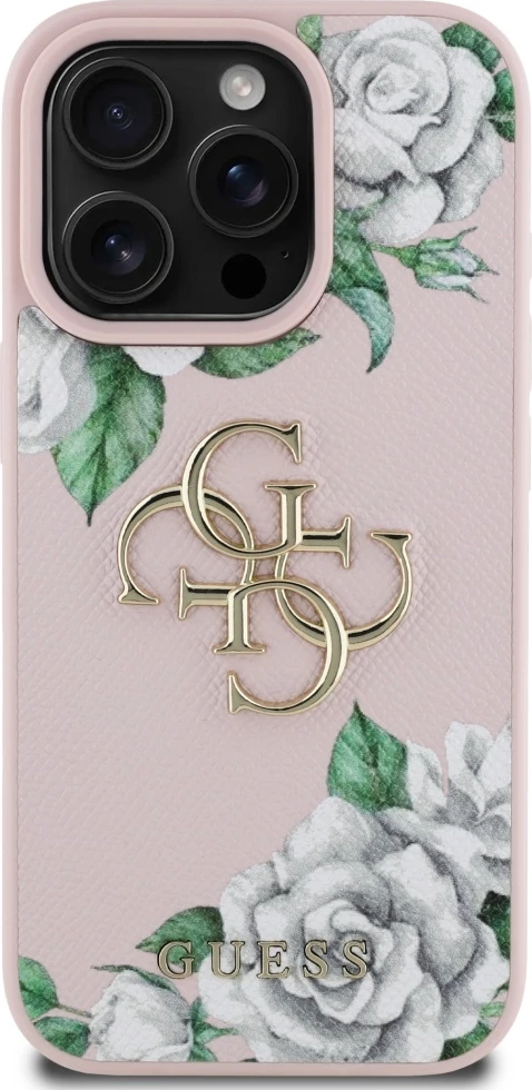 Mbështjellës Guess Grained Roses Big 4G logo për iPhone 16 Pro, Rozë