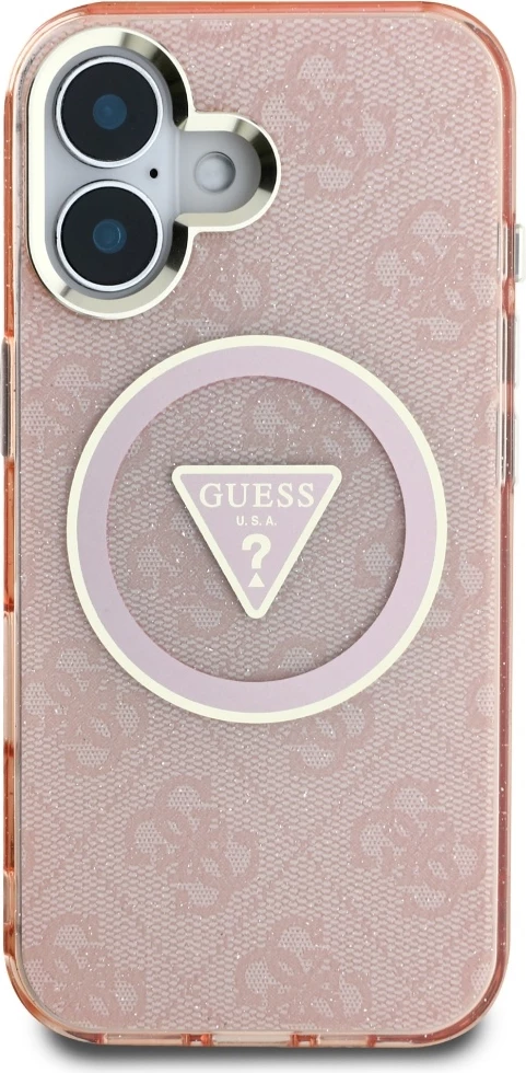 Mbështjellës Guess IML Metal Glitter 4G Circle Triangle MagSafe për iPhone 16, Rozë