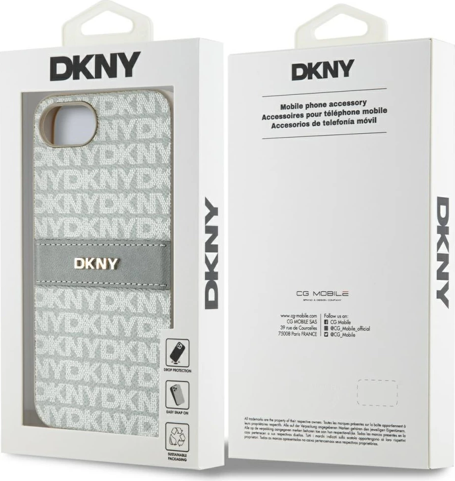 Mbështjellës DKNY Repeat Texture Pattern me shirit dhe logo metalike, për iPhone 16e, Bezhe