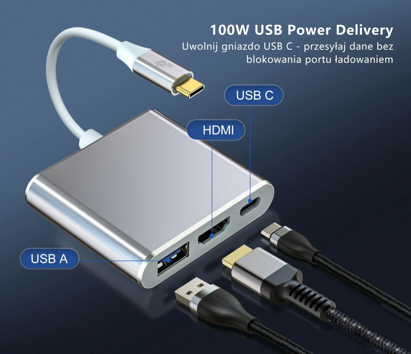 Adapter HUB USB C 3-në-1 TB, HDMI, USB 3.0, Power Delivery, Argjend