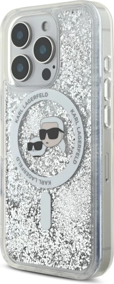 Mbështjellës Karl Lagerfeld Liquid Glitter Karl & Choupette Head MagSafe për iPhone 16 Pro, Transparent