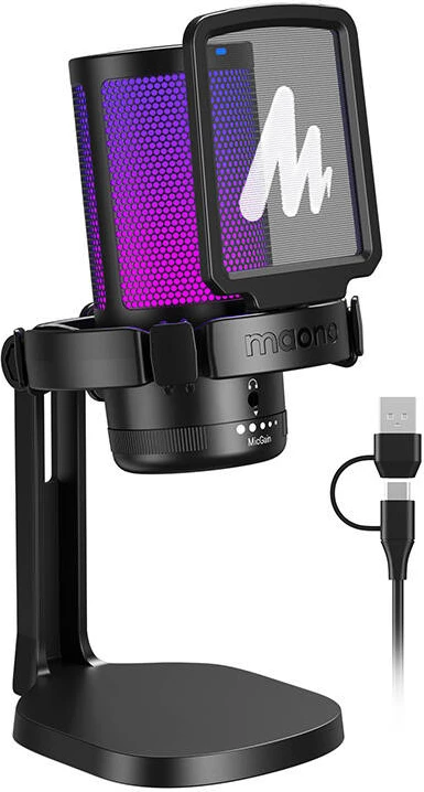 Mikrofon gaming Maono DGM20, kondensator, kardioid, me ndriçim RGB, i zi